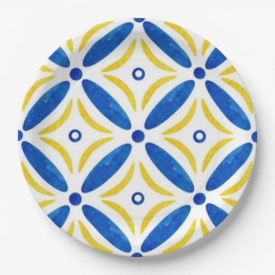 Golden Petals Modern Blue Yellow Floral Mosaic Paper Plate