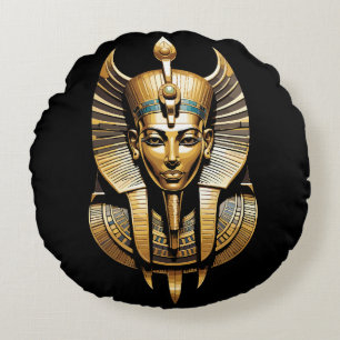 Golden Pharaoh in Regal Headdress Art Round Cushion