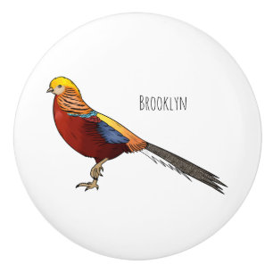 Golden pheasant bird cartoon illustration ceramic knob