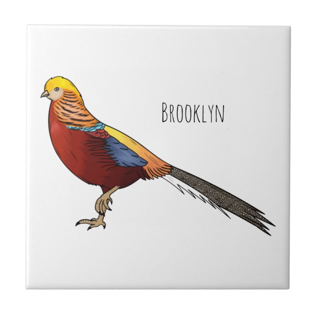 Golden pheasant bird cartoon illustration  ceramic tile (Front)