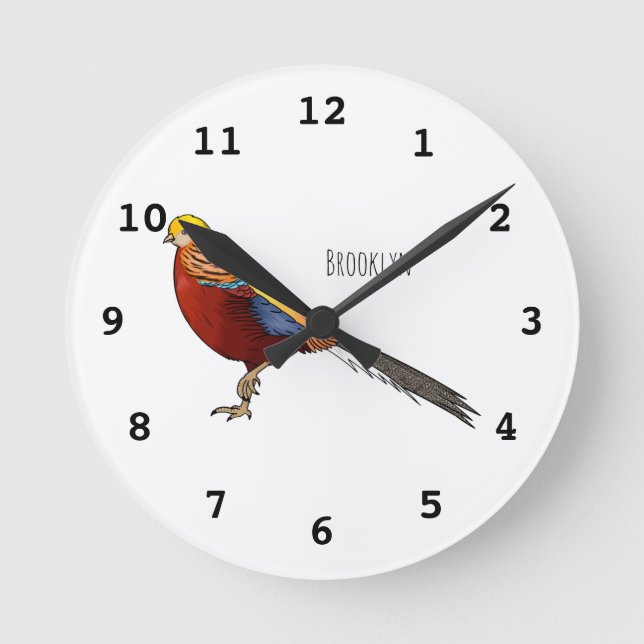 Golden pheasant bird cartoon illustration round clock (Front)