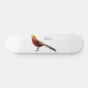 Golden pheasant bird cartoon illustration skateboard