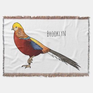 Golden pheasant bird cartoon illustration throw blanket