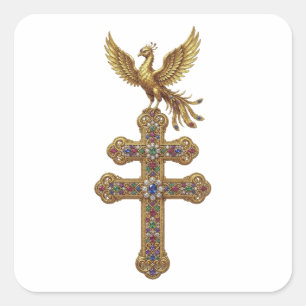 Golden Phoenix Jeweled Cross Square Sticker