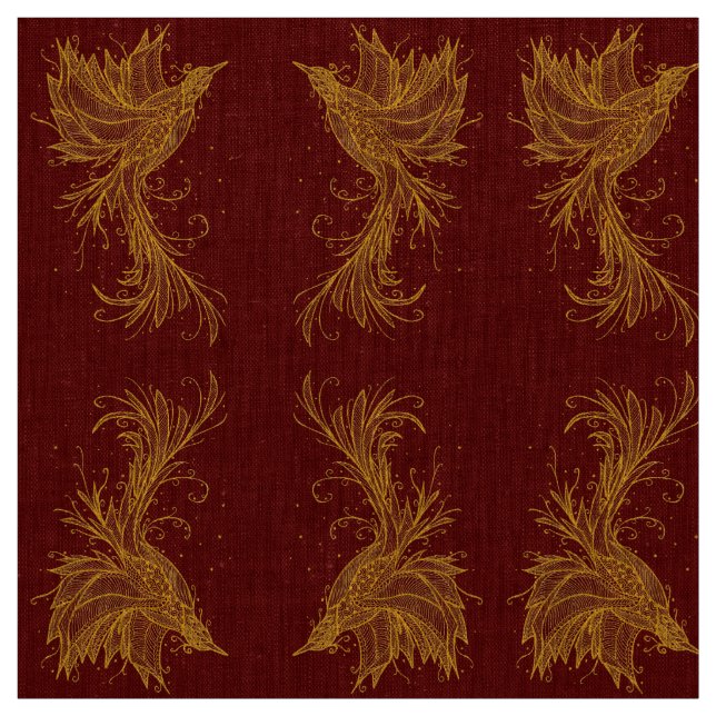 Golden Phoenix Pattern on Red Fabric (Swatch)