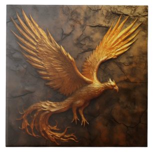 Golden Phoenix with Cracked Stone Effect Ceramic Tile