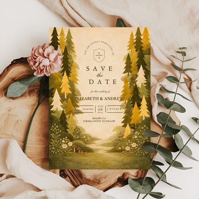 Golden Pine Forest Wedding Save The Date (Creator Uploaded)