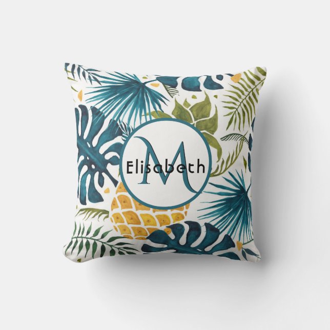 Golden pineapple blue palm leaves foliage monogram cushion (Front)
