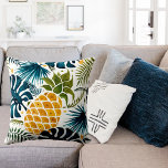 Golden pineapple blue palm leaves foliage white cushion<br><div class="desc">A large golden pineapple on a blue and green coloured palm tree leaves foliage pattern. White background.</div>