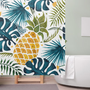 Golden pineapple blue palm leaves foliage white shower curtain