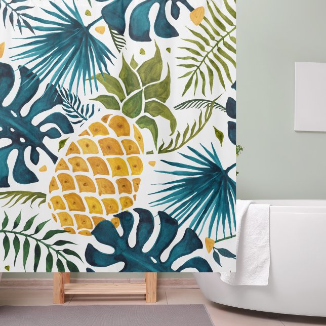 Golden pineapple blue palm leaves foliage white shower curtain (Creator Uploaded)