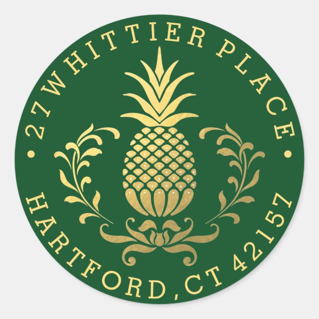 Golden Pineapple | Elegant Address Classic Round Sticker (Front)