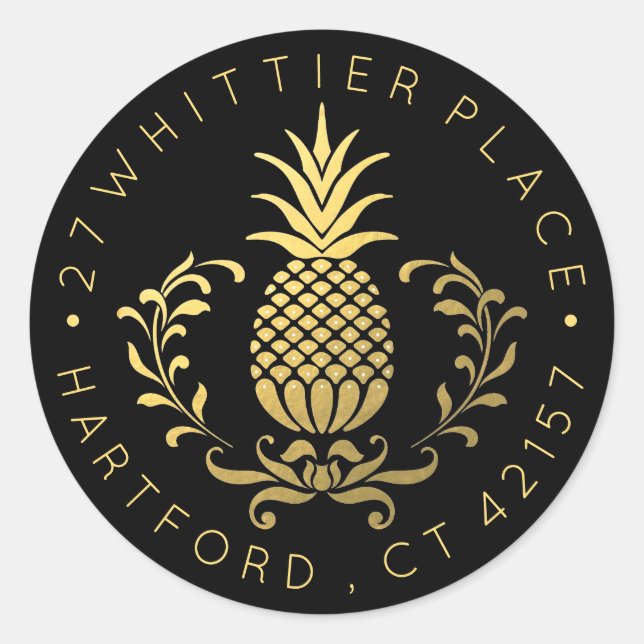 Golden Pineapple | Elegant Address Classic Round Sticker (Front)