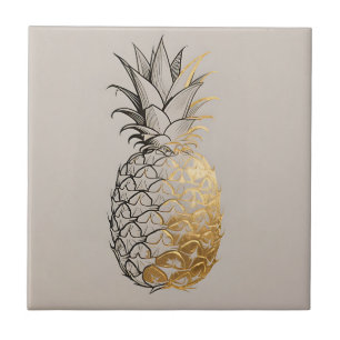 Golden Pineapple Line Art Ceramic Tile