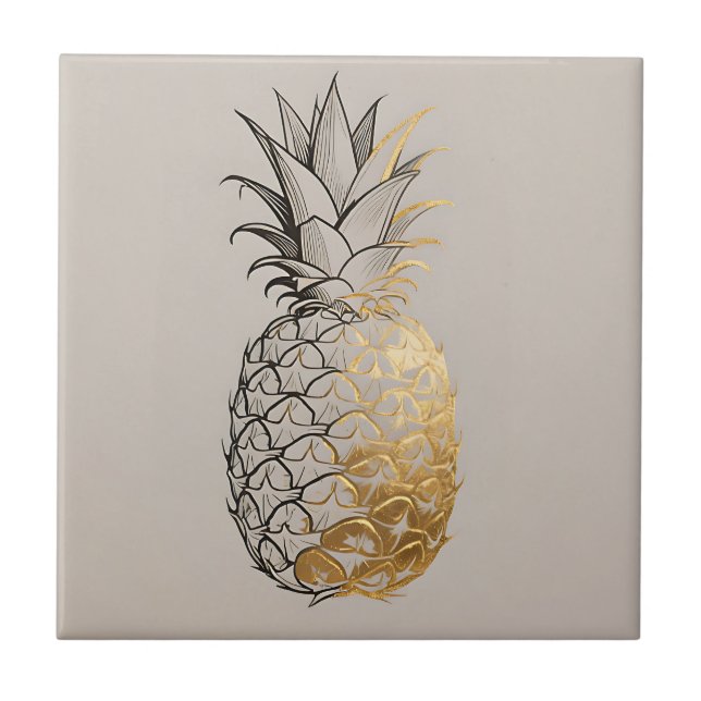 Golden Pineapple Line Art Ceramic Tile (Front)