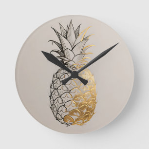 Golden Pineapple Line Art Round Clock