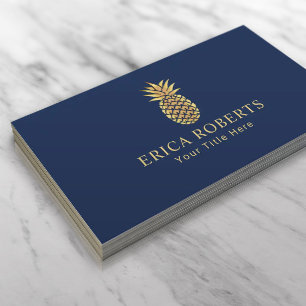 Golden Pineapple Logo Elegant Navy Blue Business Card