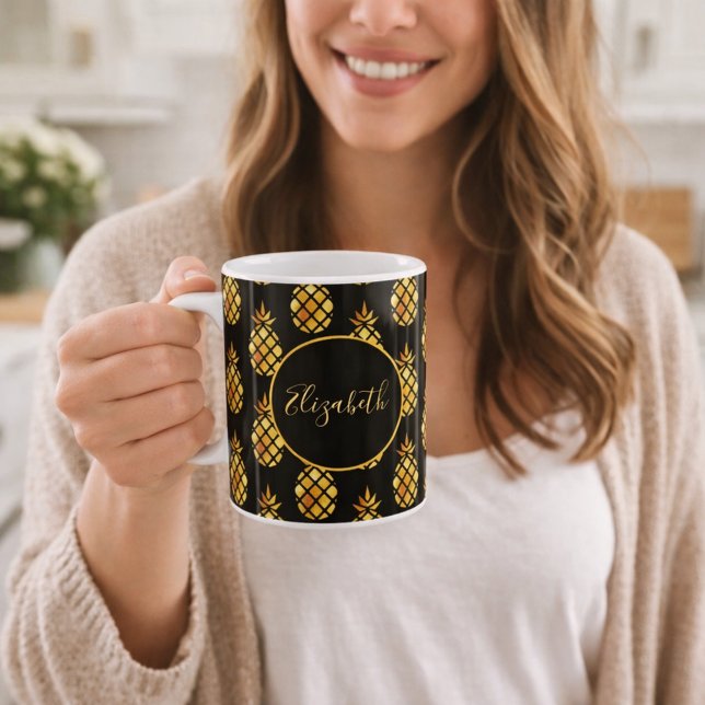 Golden pineapple on black gold name coffee mug (Creator Uploaded)