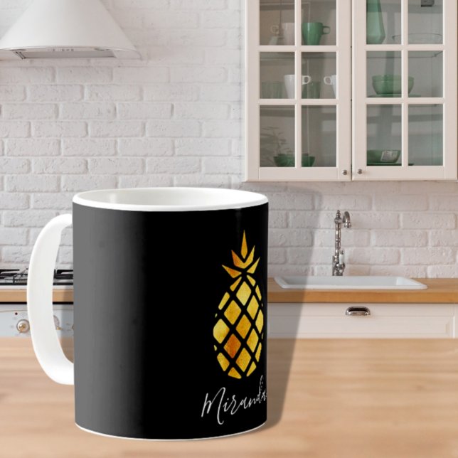 Golden pineapple on black name coffee mug (Creator Uploaded)