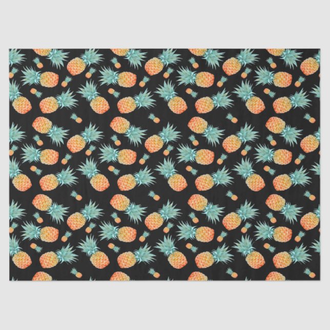 Golden Pineapple Pattern on Black | Tropical Fruit Tissue Paper (Front)