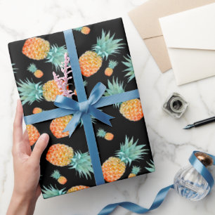 Golden Pineapple Pattern on Black   Tropical Fruit Wrapping Paper