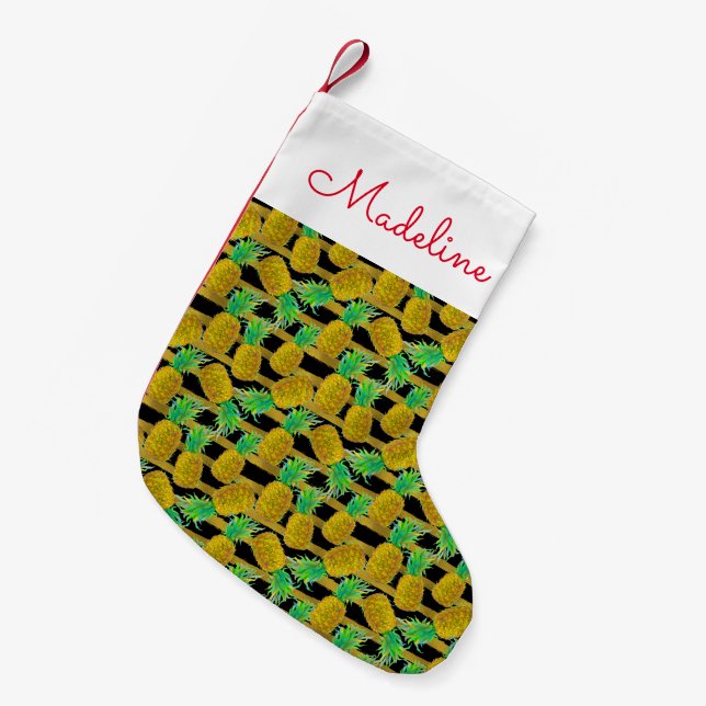 Golden Pineapples On Stripes | Add Your Name Small Christmas Stocking (Front (Hanging))