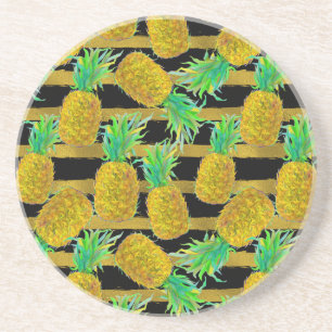 Golden Pineapples On Stripes Coaster