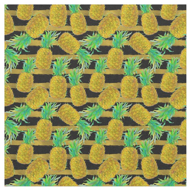 Golden Pineapples On Stripes Fabric (Close Up)