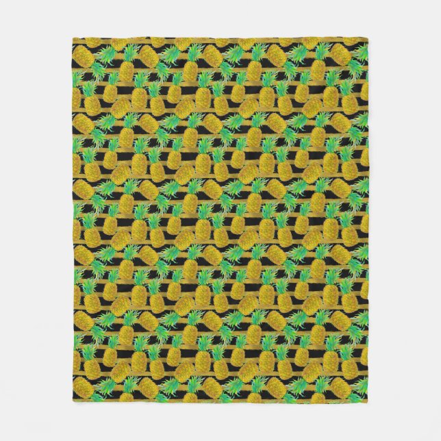 Golden Pineapples On Stripes Fleece Blanket (Front)