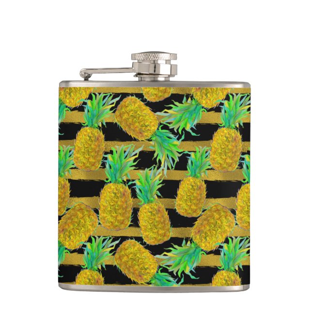 Golden Pineapples On Stripes Hip Flask (Front)