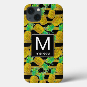 Golden Pineapples On Stripes Monogram iPhone 13 Case