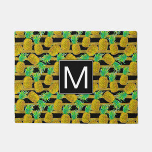 Golden Pineapples On Stripes   Monogram Doormat