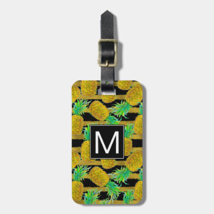 Golden Pineapples On Stripes Monogram Luggage Tag
