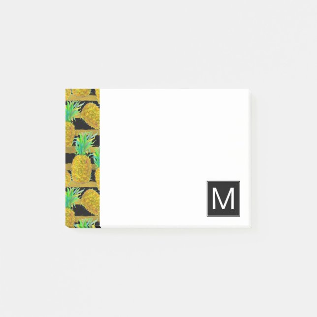 Golden Pineapples On Stripes | Monogram Post-it Notes (Front)