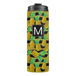 Golden Pineapples On Stripes Monogram Thermal Tumbler