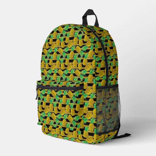 Golden Pineapples On Stripes Printed Backpack (Back Corner Right)