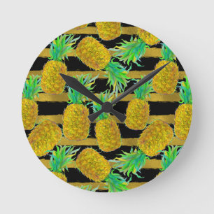 Golden Pineapples On Stripes Round Clock