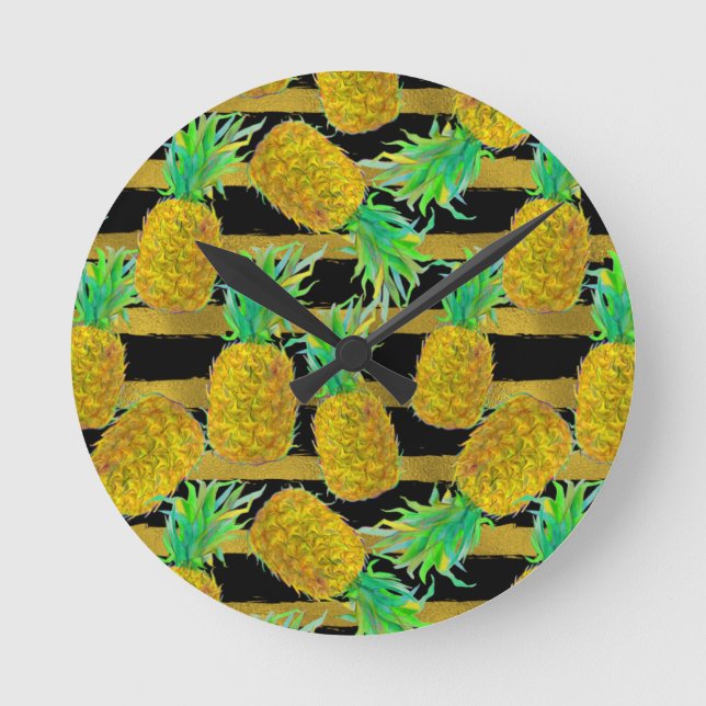 Golden Pineapples On Stripes Round Clock (Front)