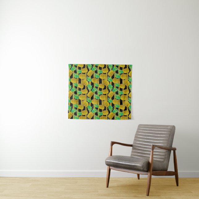 Golden Pineapples On Stripes Tapestry (In Situ (Horizontal))