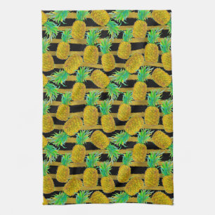Golden Pineapples On Stripes Tea Towel