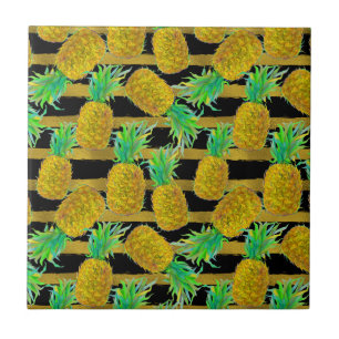 Golden Pineapples On Stripes Tile