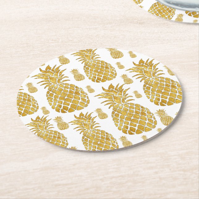 golden pineapples round paper coaster (Angled)
