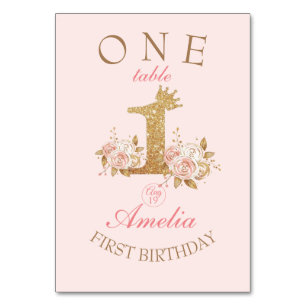 Golden Pink Flowers Princess 1st Birthday Party Table Number