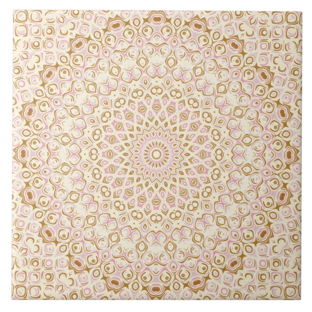 Golden Pink Mandala Radiant Geometric Sunburst Ceramic Tile (Front)