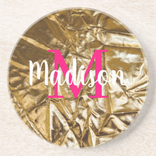 Golden Pink Monogram Personalised Coaster