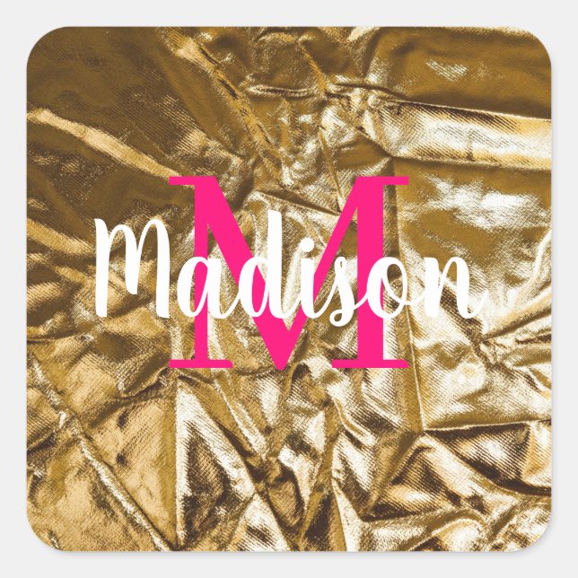 Golden Pink Monogram Personalised  Square Sticker (Front)