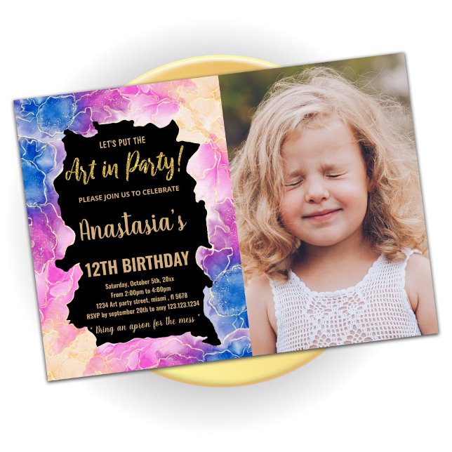 Golden Pink Paint Birthday Invitations With Photo (Creator Uploaded)