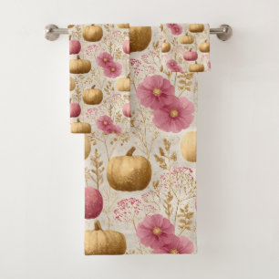 Golden & Pink Pumpkins Fall Design Bath Towel Set