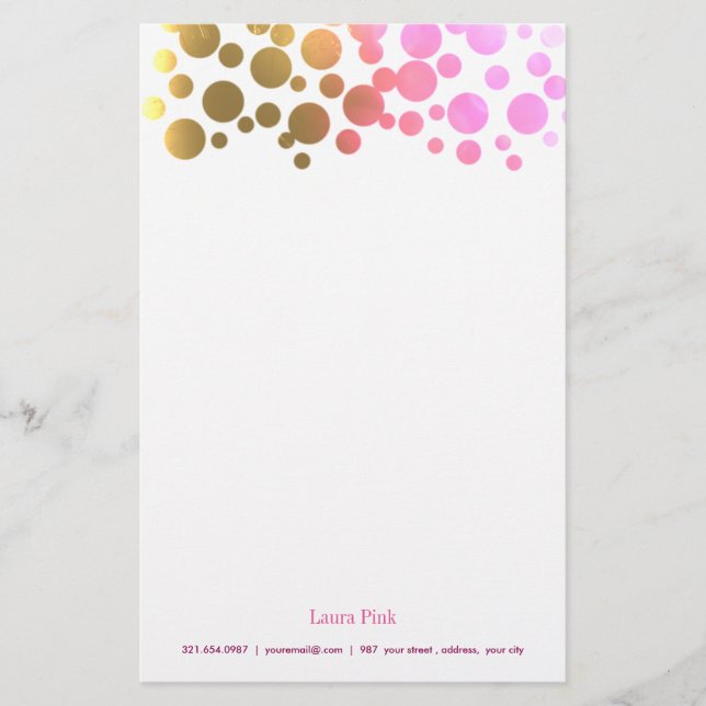 Golden  pink retro confetti stationery (Front)