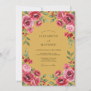 Golden Pink Watercolor Floral Wedding Invitation